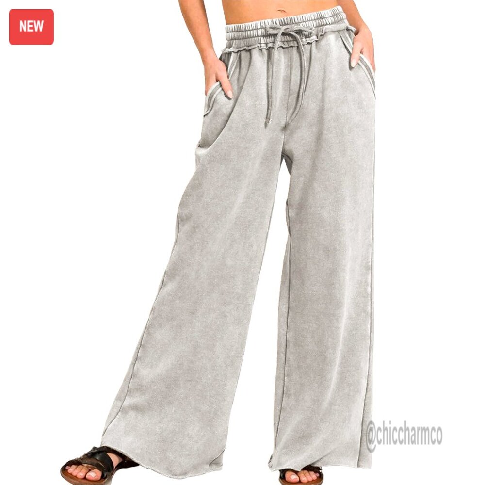 High Waist Wide Leg Sweatpants Drawstring Palazzo Fleece Casual Pockets